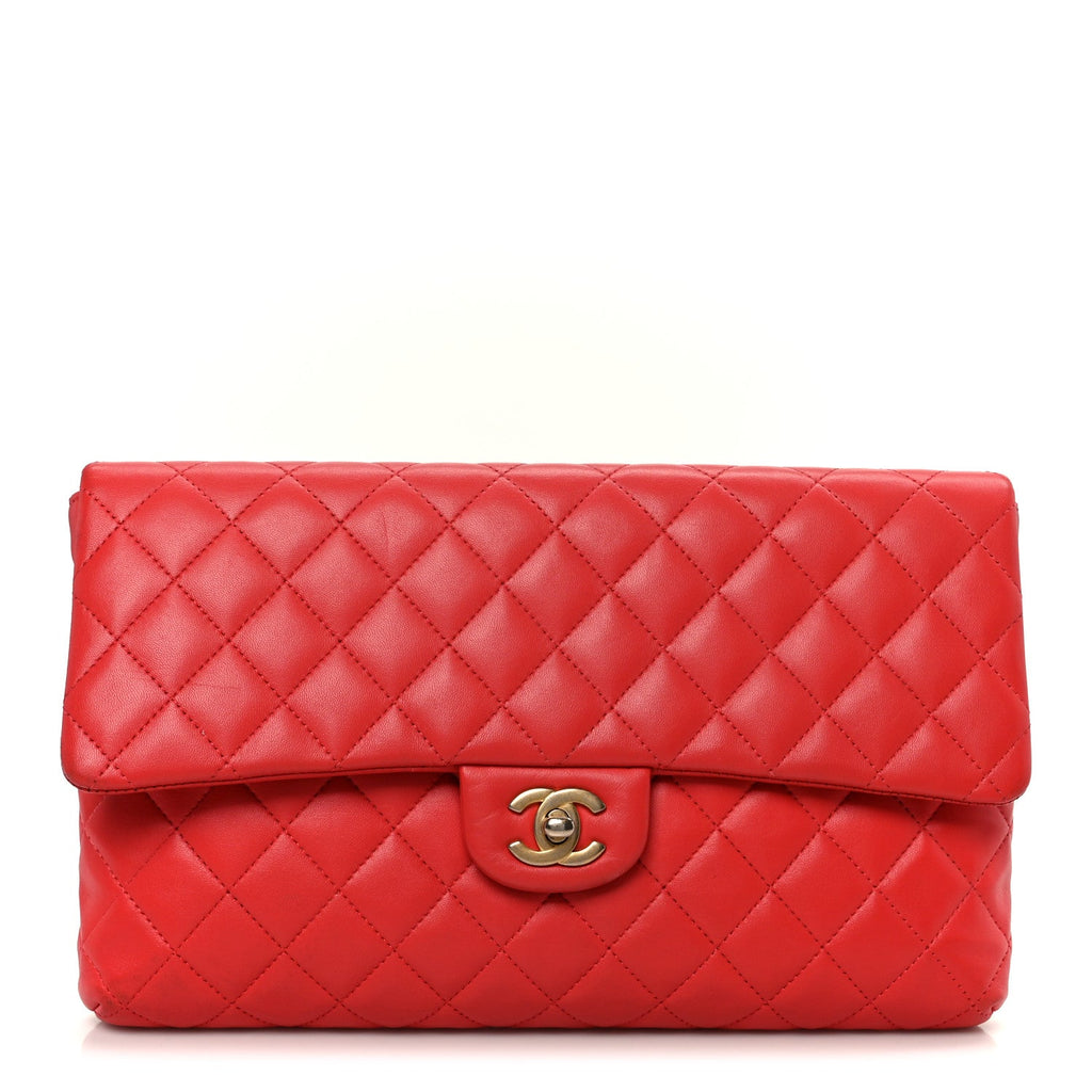 Lambskin Quilted Flap Clutch Red
