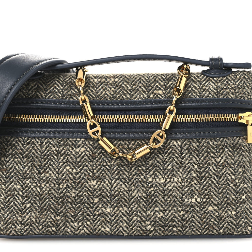 Virgin Wool Blend Herringbone Calfskin Extra Pocket Mini Pouch Green Sand Blue Green Sun Gold