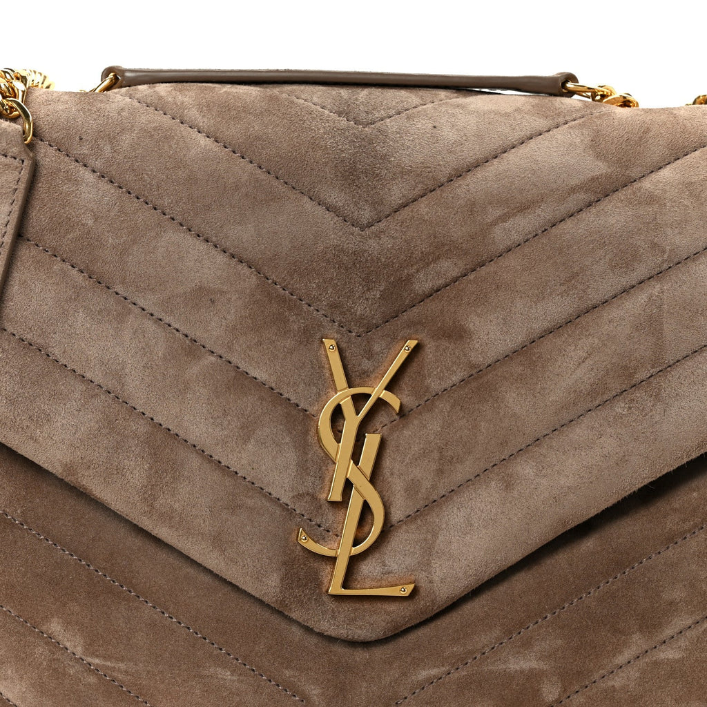 Suede Y Quilted Monogram Medium Loulou Chain Satchel Taupe