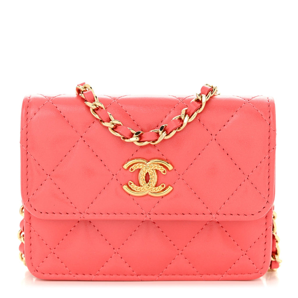 Shiny Lambskin Quilted  Holder On Chain Pink
