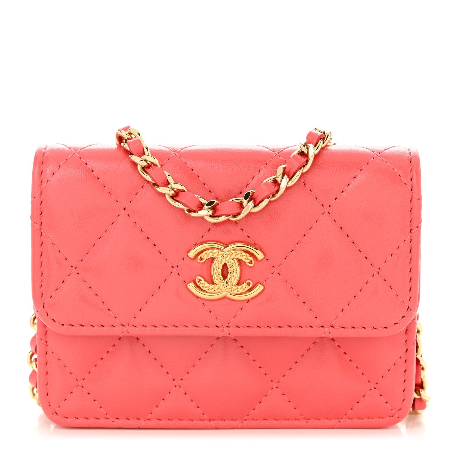 Shiny Lambskin Quilted  Holder On Chain Pink
