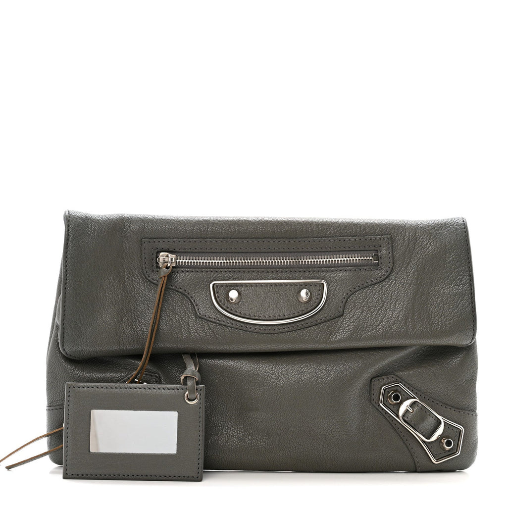 Chevre Silver Metallic Edge Hardware Envelope Clutch Gris Acier