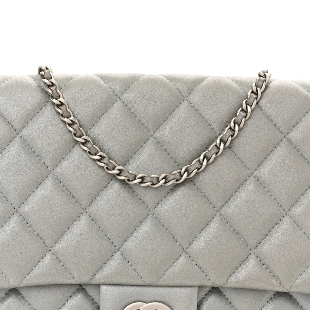 Metallic Lambskin Quilted Clutch With Chain Flap Silver