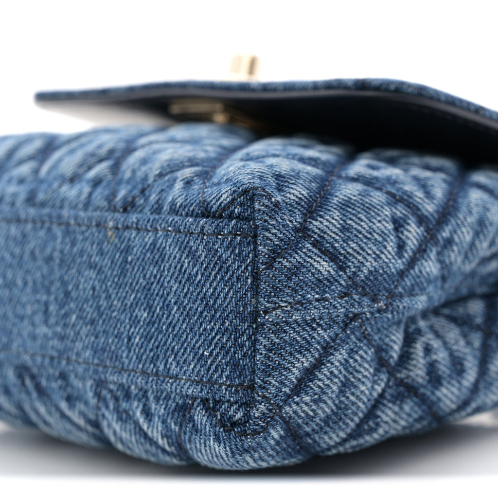 Washed Denim Quilted Coco Handle Clutch With Chain Blue