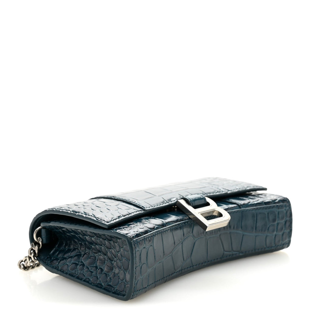 Shiny Calfskin Crocodile Embossed Hourglass Chain Bag Dark Petrol Blue