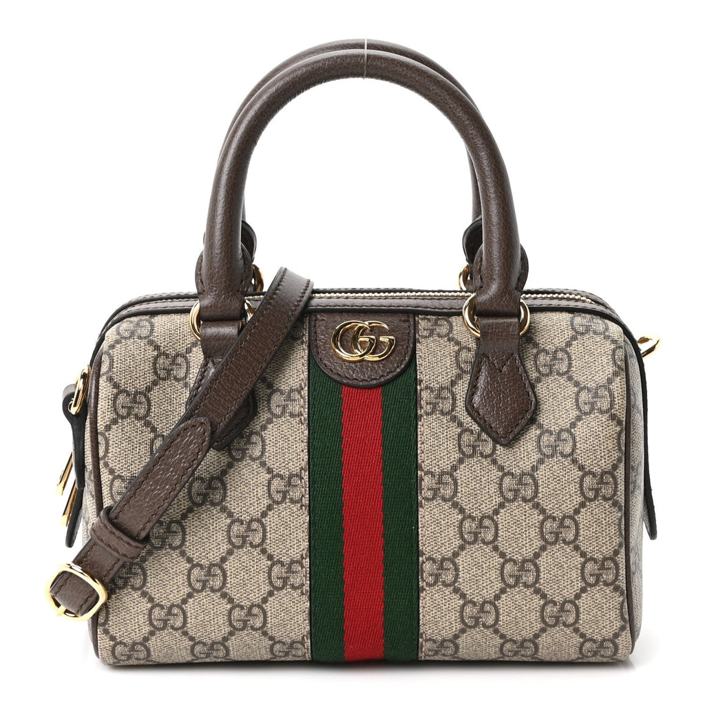GG Supreme Monogram Textured Dollar Calfskin Web Mini Ophidia Top Handle Bag Beige Ebony New Acero