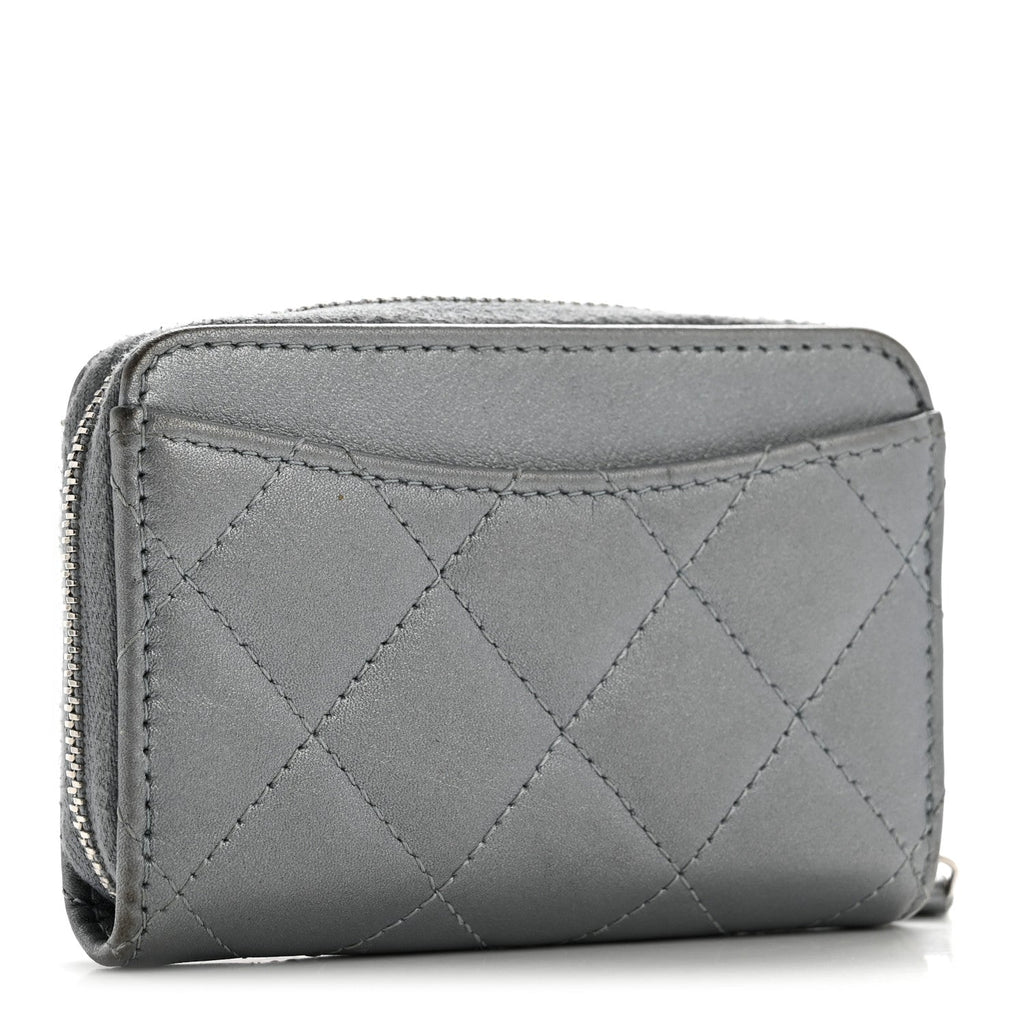 Metallic Lambskin Quilted Zip Around Coin Purse Wallet Silver