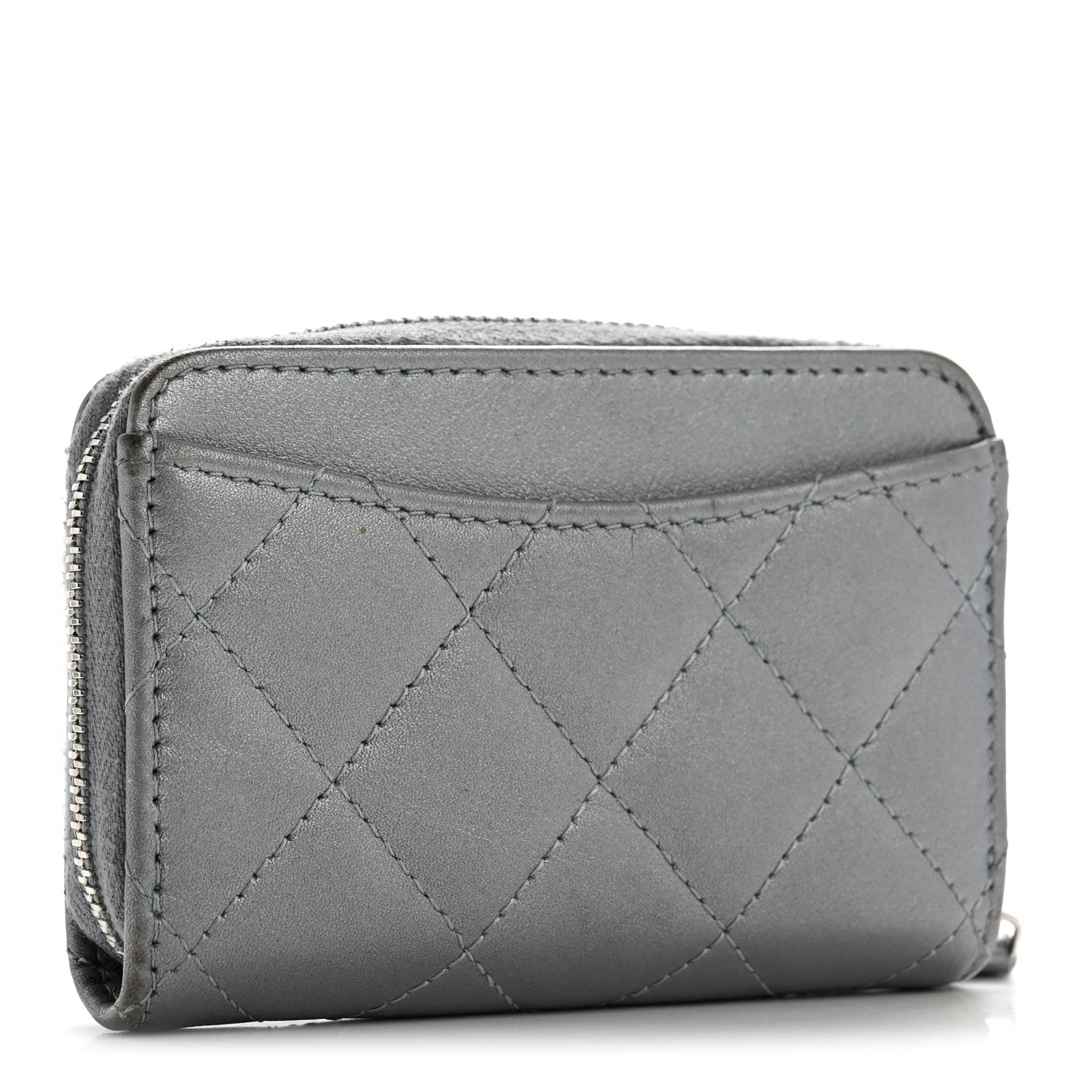 Metallic Lambskin Quilted Zip Around Coin Purse Wallet Silver