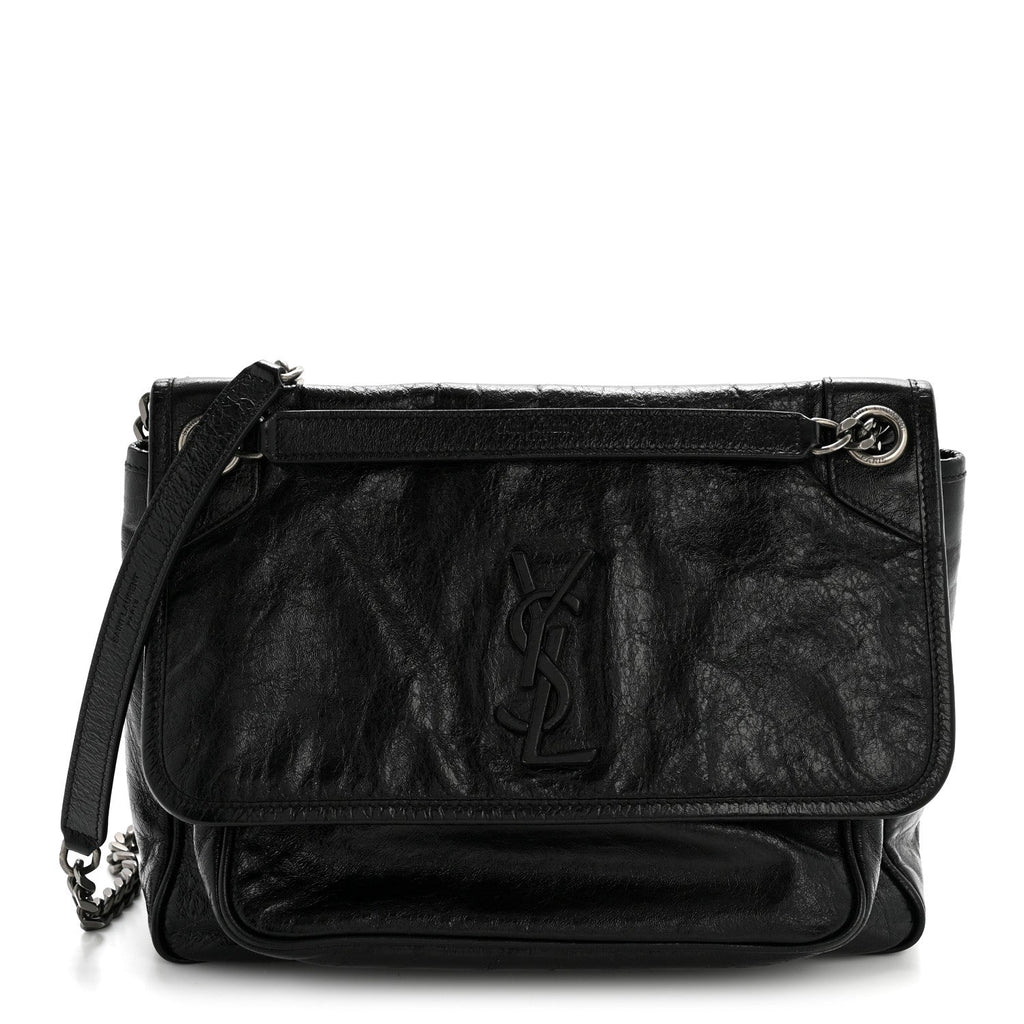 Crinkled Calfskin Monogram Medium Niki Chain Satchel Black