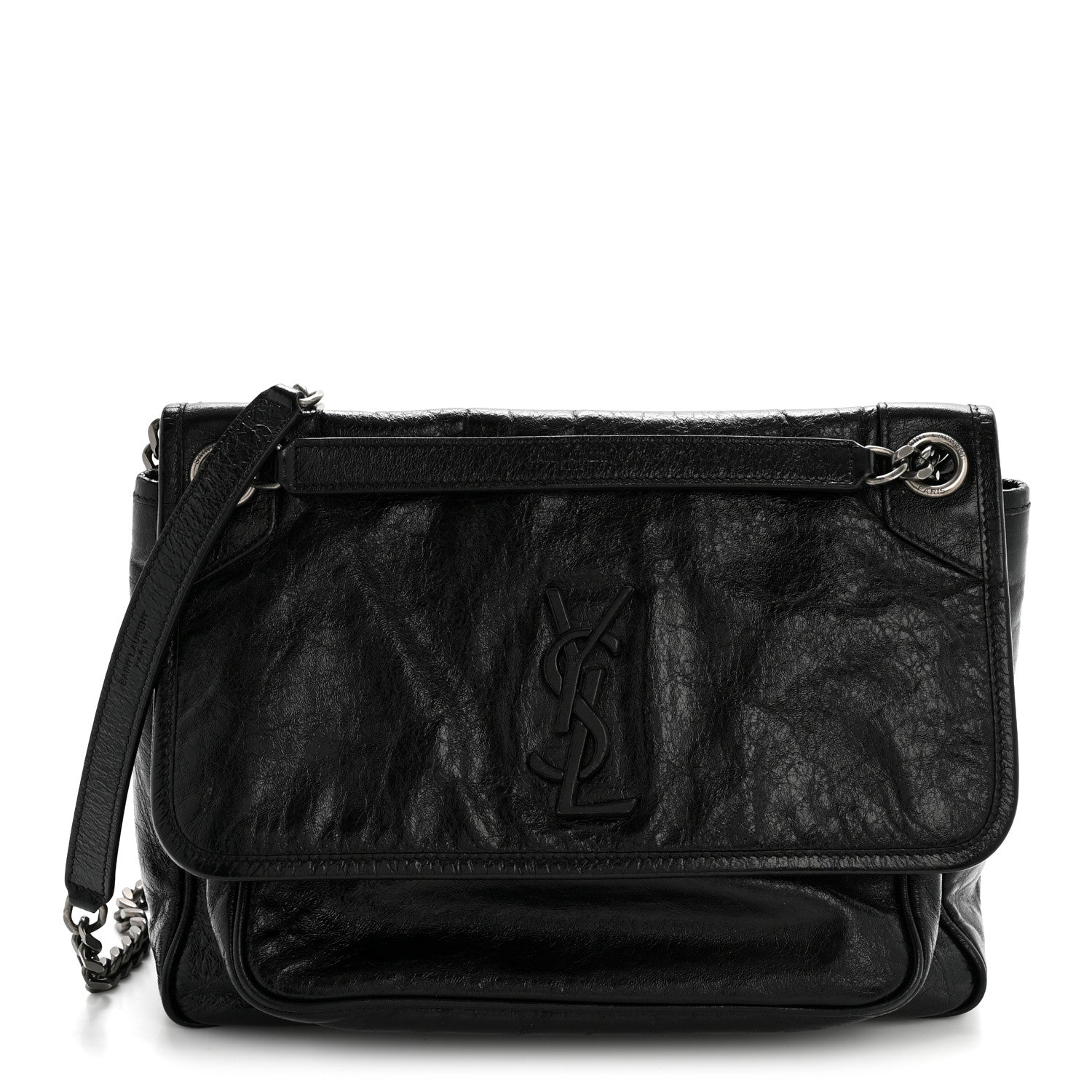 Crinkled Calfskin Monogram Medium Niki Chain Satchel Black