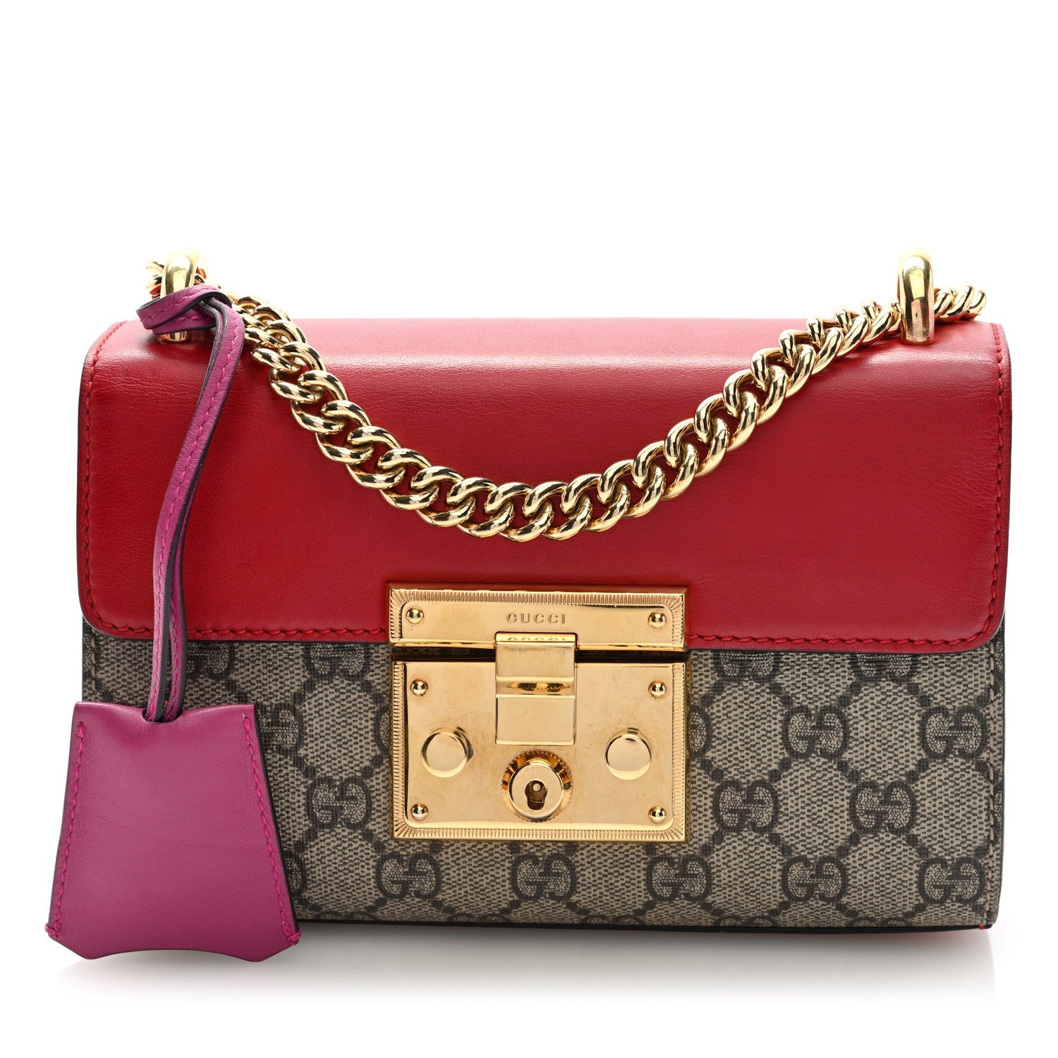 GG Supreme Monogram Calfskin Small Padlock Shoulder Bag Beige Hibiscus Red New Rosette