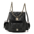 Shiny Caviar Quilted Small Duma Pockets Drawstring Backpack Black
