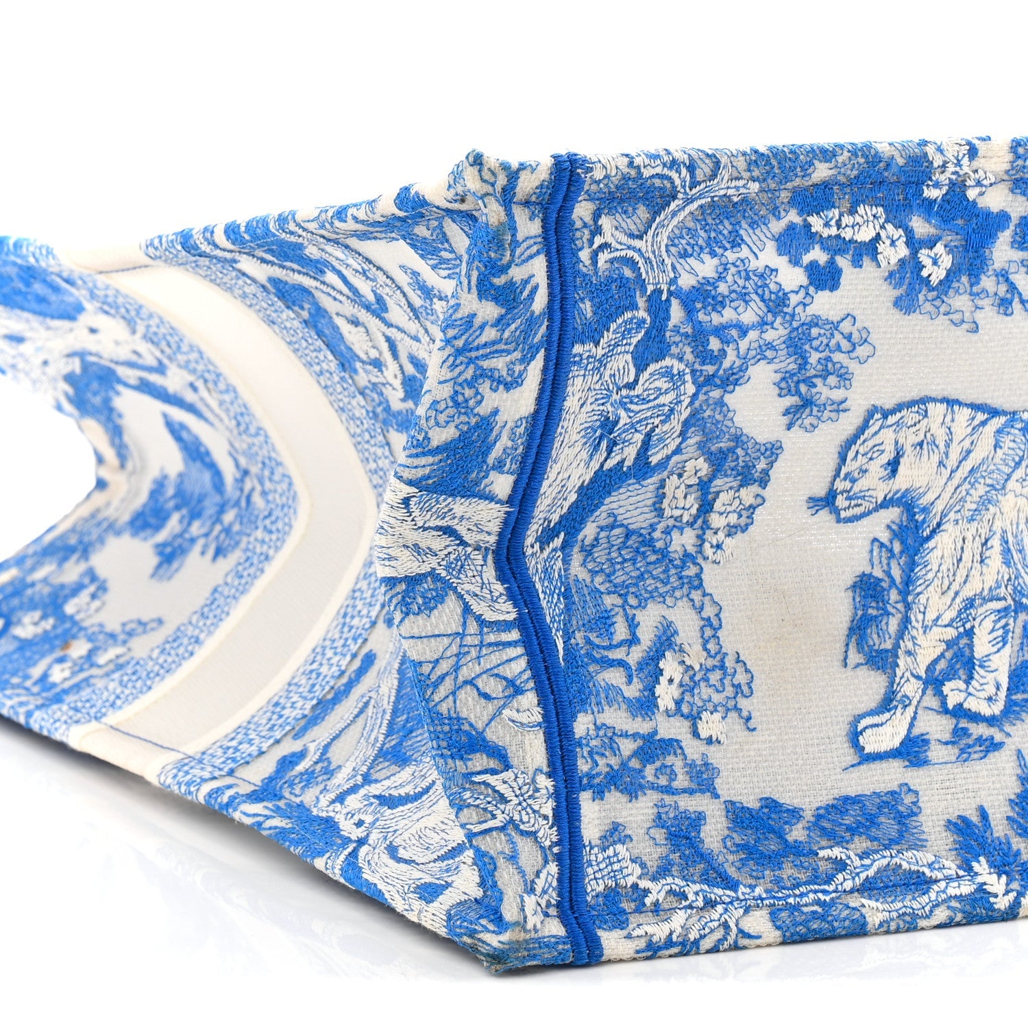 Transparent Canvas Embroidered Large Toile De Jouy Reverse Book Tote Fluorescent Blue