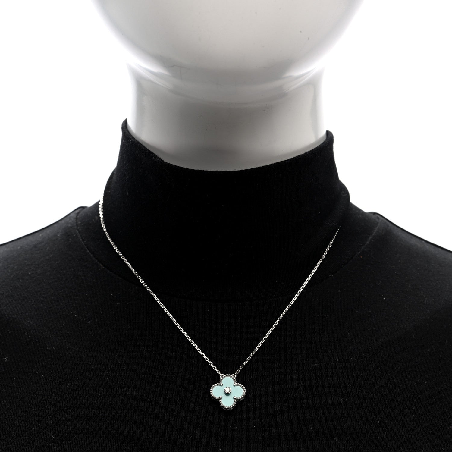 18K White Gold Diamond Celadon Green Sevres Porcelain Vintage Alhambra Pendant Necklace