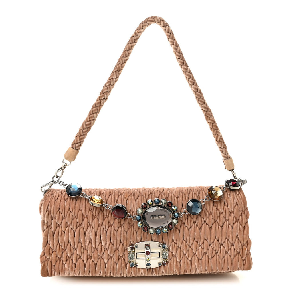 Velvet Matelasse Crystal Chain Shoulder Bag Cammeo