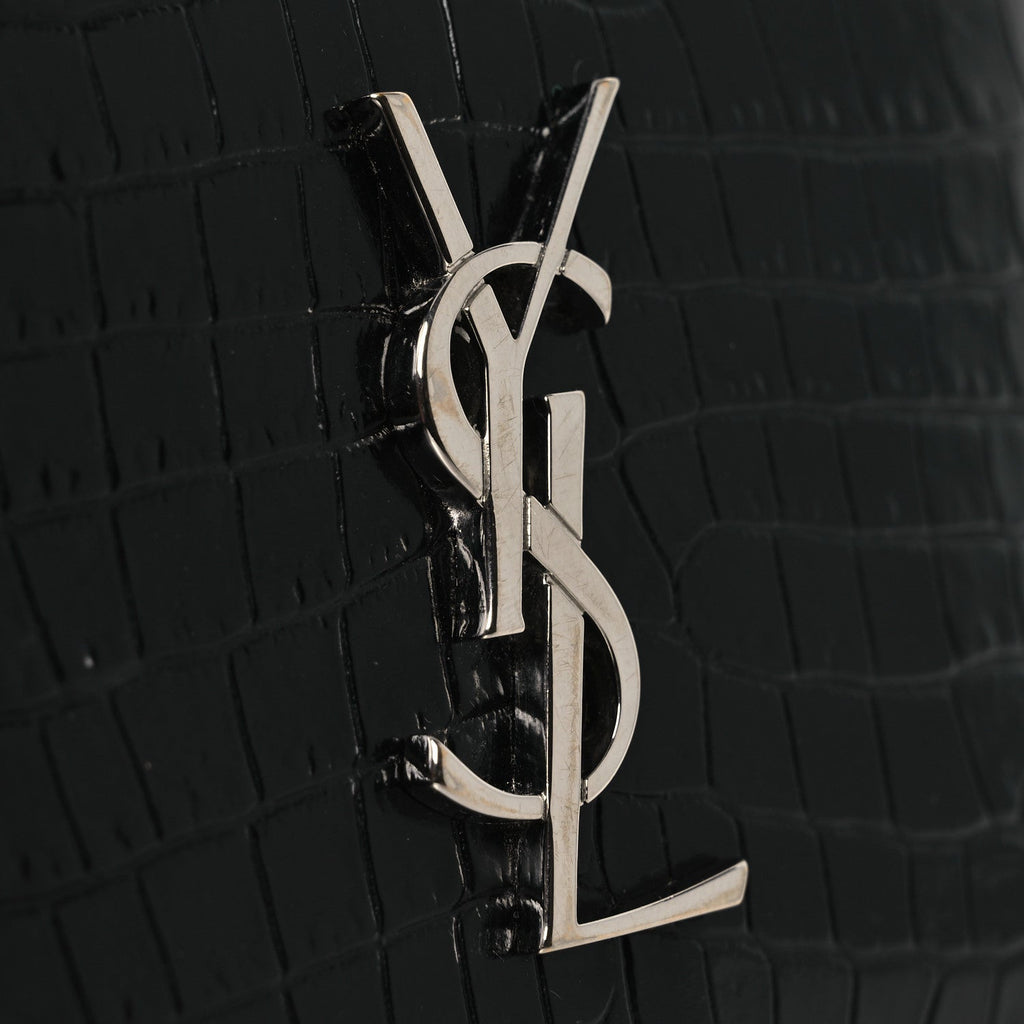 Calfskin Crocodile Embossed Monogram Compact Wallet Black