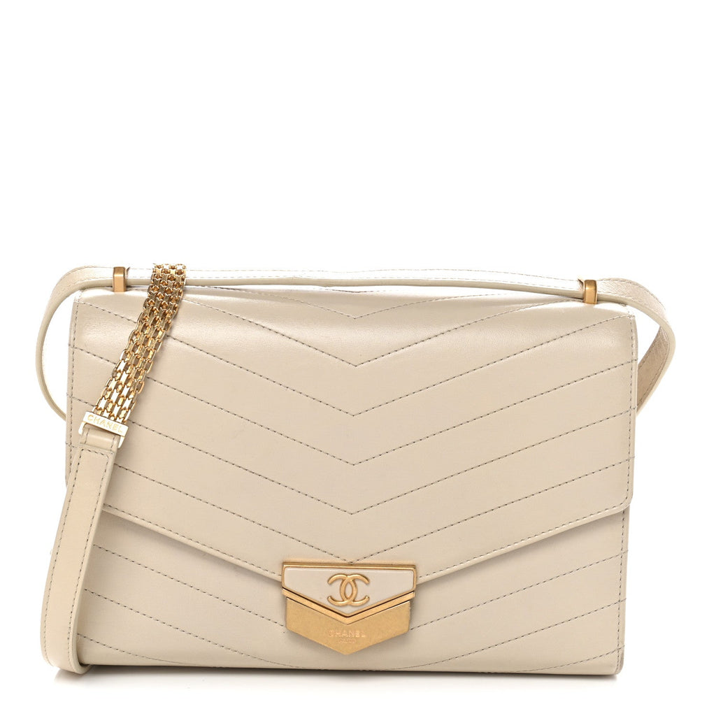 Calfskin Chevron Quilted Large Medal Flap Light Beige