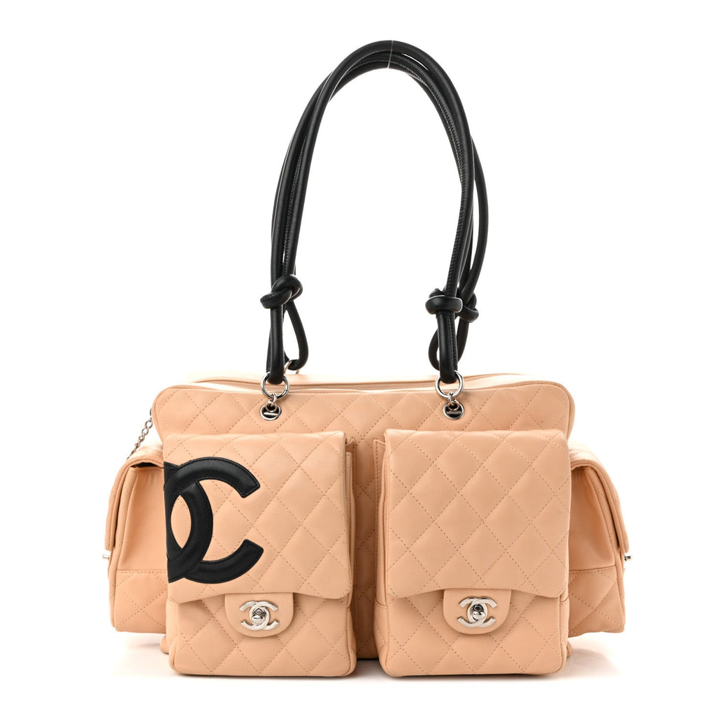 Calfskin Quilted Large Cambon Multipocket Reporter Beige Black