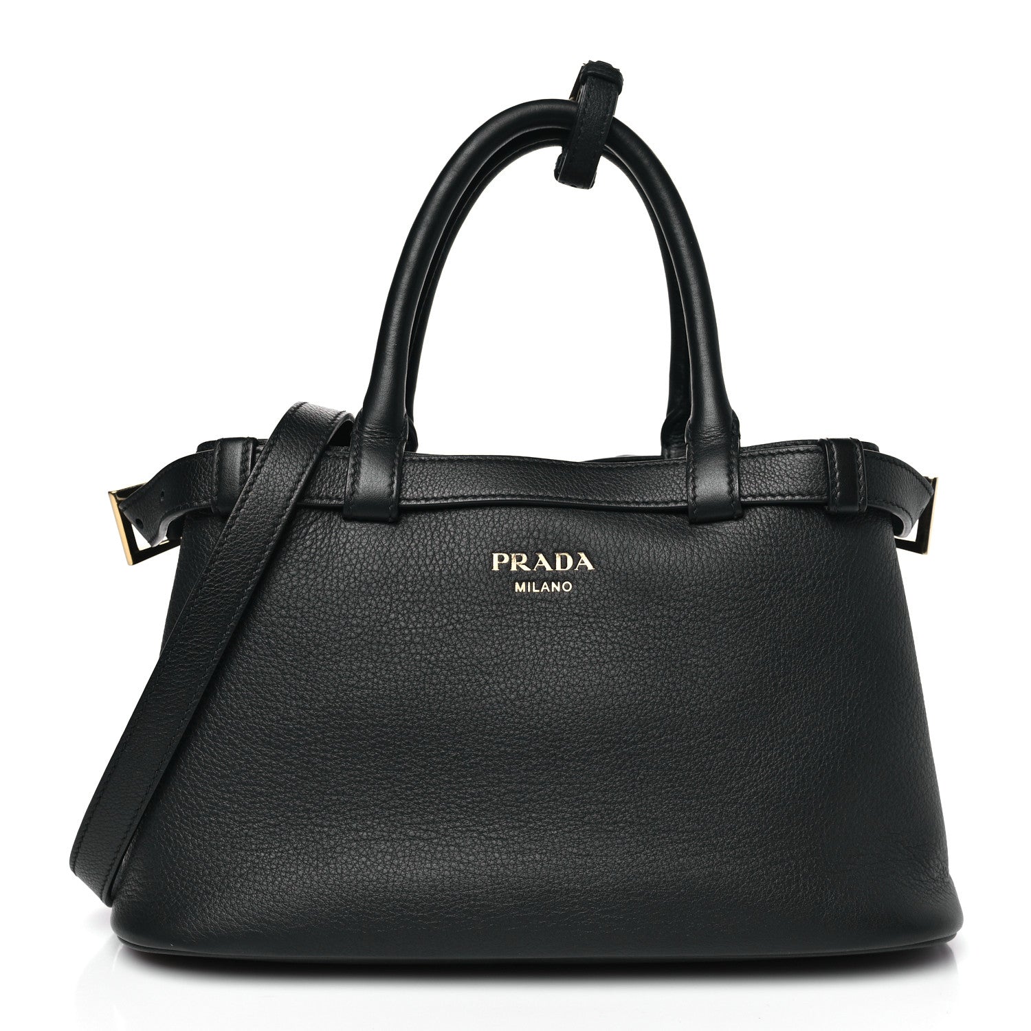 Soft Grain Calfskin Small Double Belt Tote Black