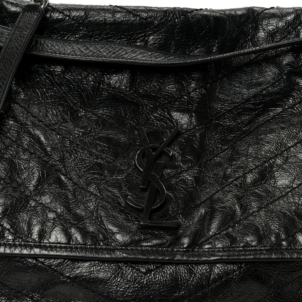 Crinkled Calfskin Matelasse Monogram Large Niki Chain Satchel Black