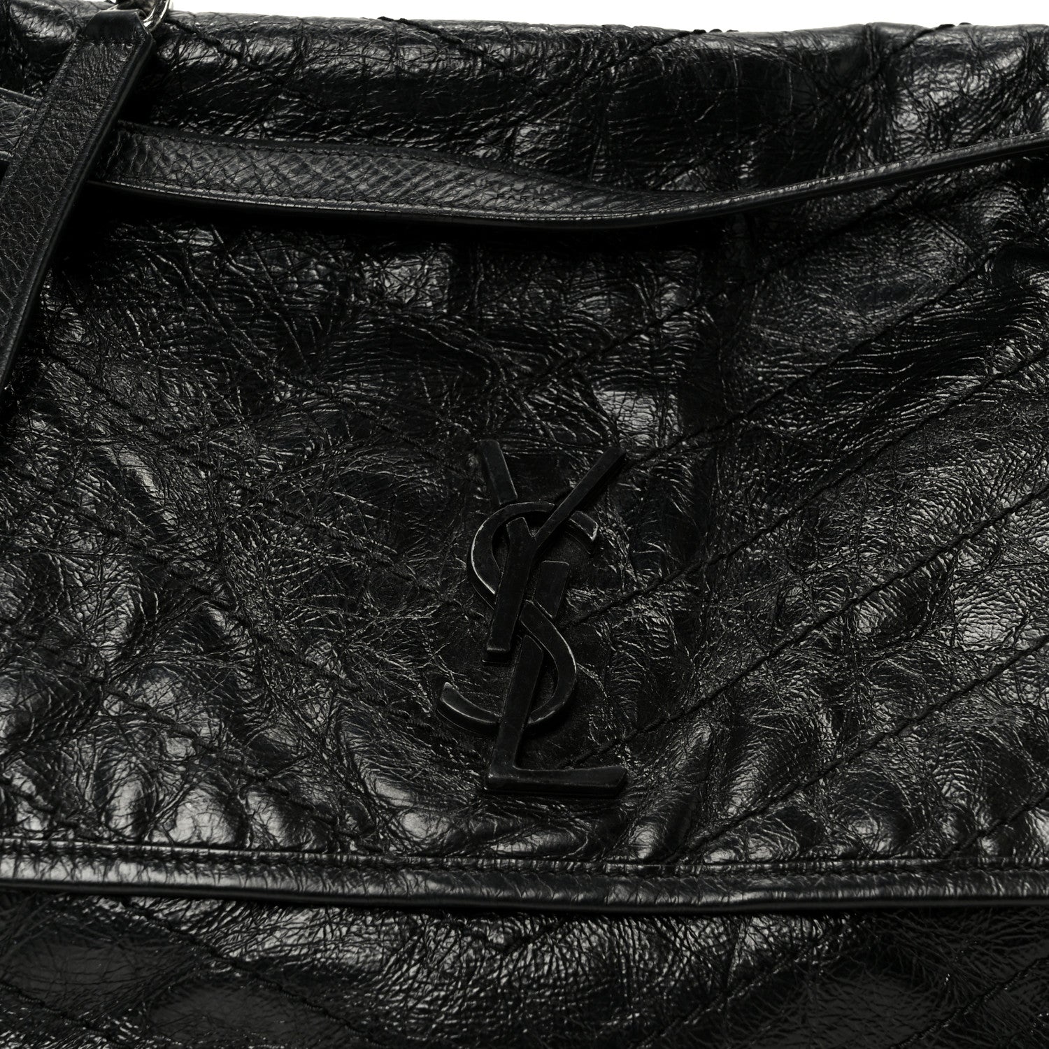 Crinkled Calfskin Matelasse Monogram Large Niki Chain Satchel Black