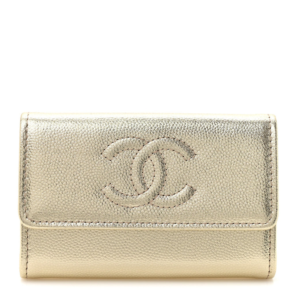 Metallic Caviar Quilted CC Flap  Holder Gold