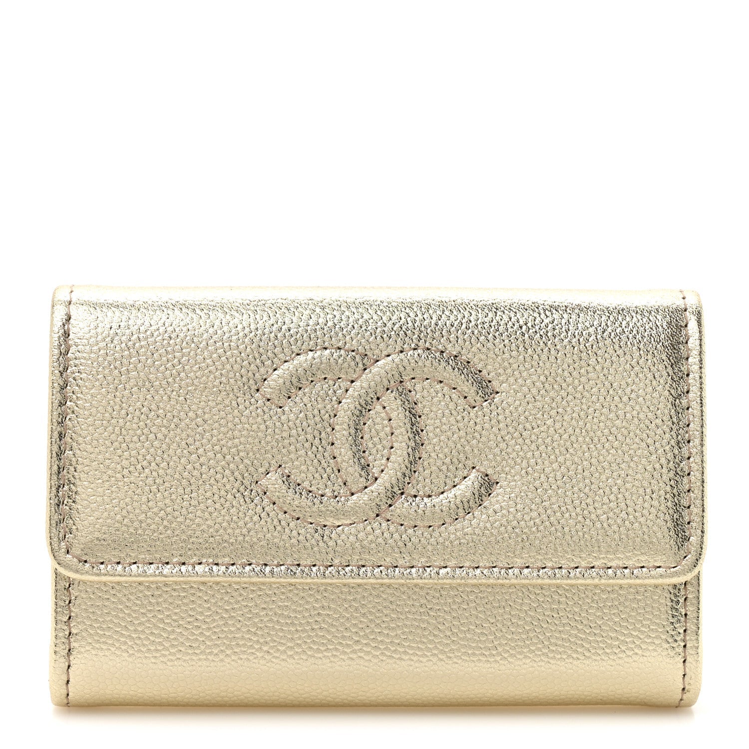 Metallic Caviar Quilted CC Flap  Holder Gold