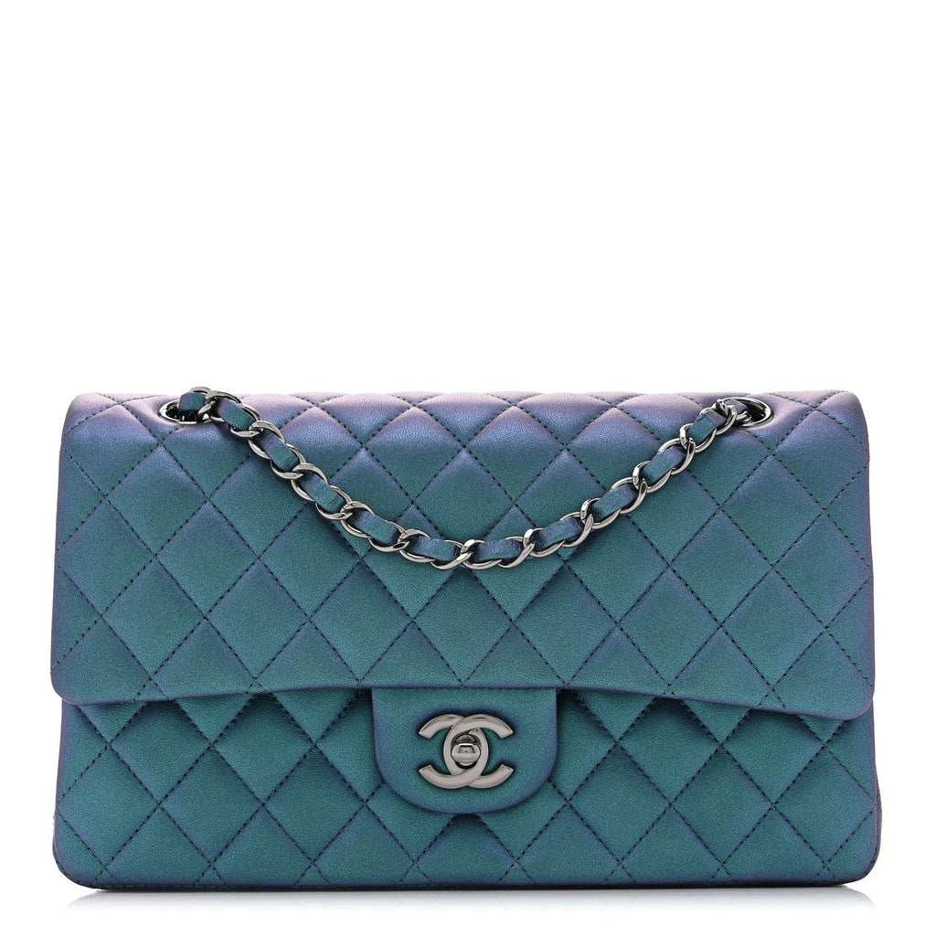 Iridescent Lambskin Quilted Medium Double Flap Turquoise