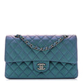 Iridescent Lambskin Quilted Medium Double Flap Turquoise