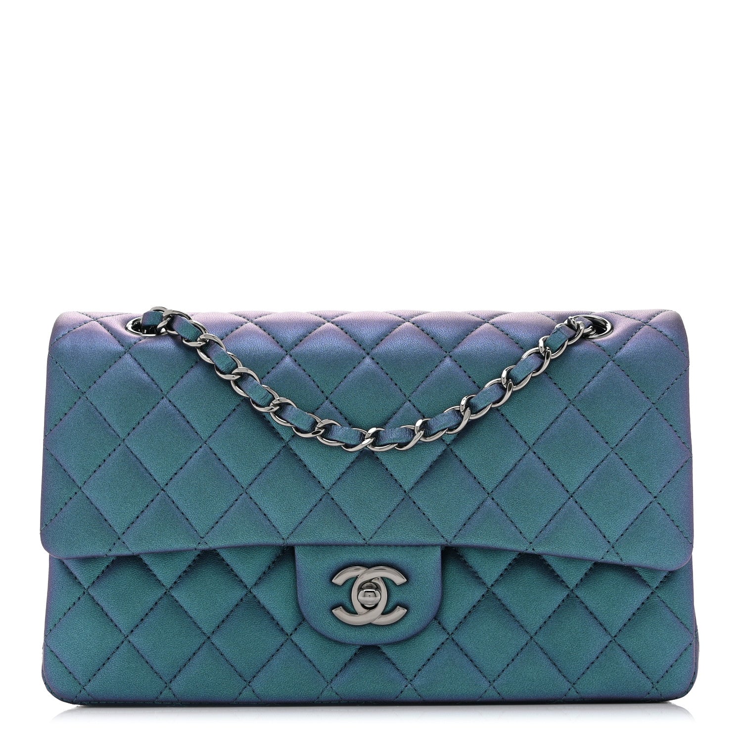 Iridescent Lambskin Quilted Medium Double Flap Turquoise