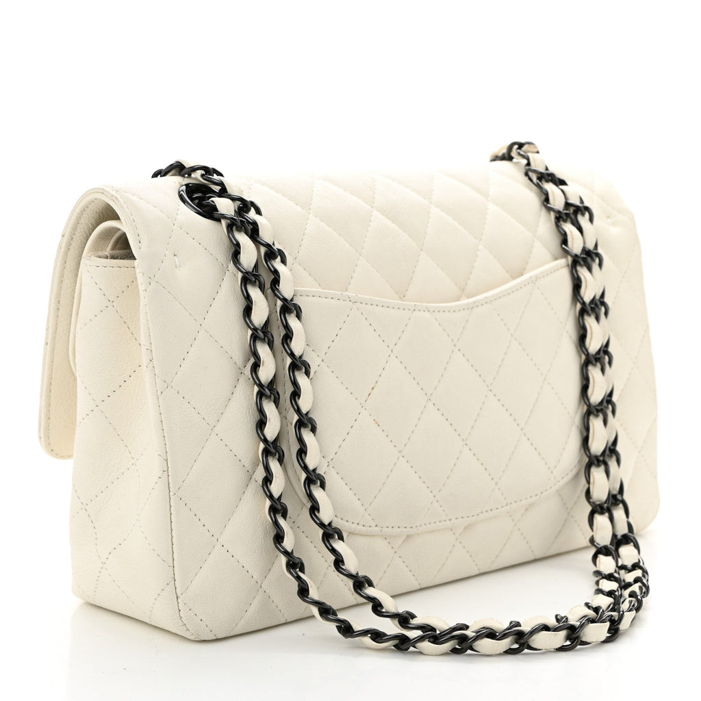 Crumpled Calfskin Quilted Medium Double Flap White