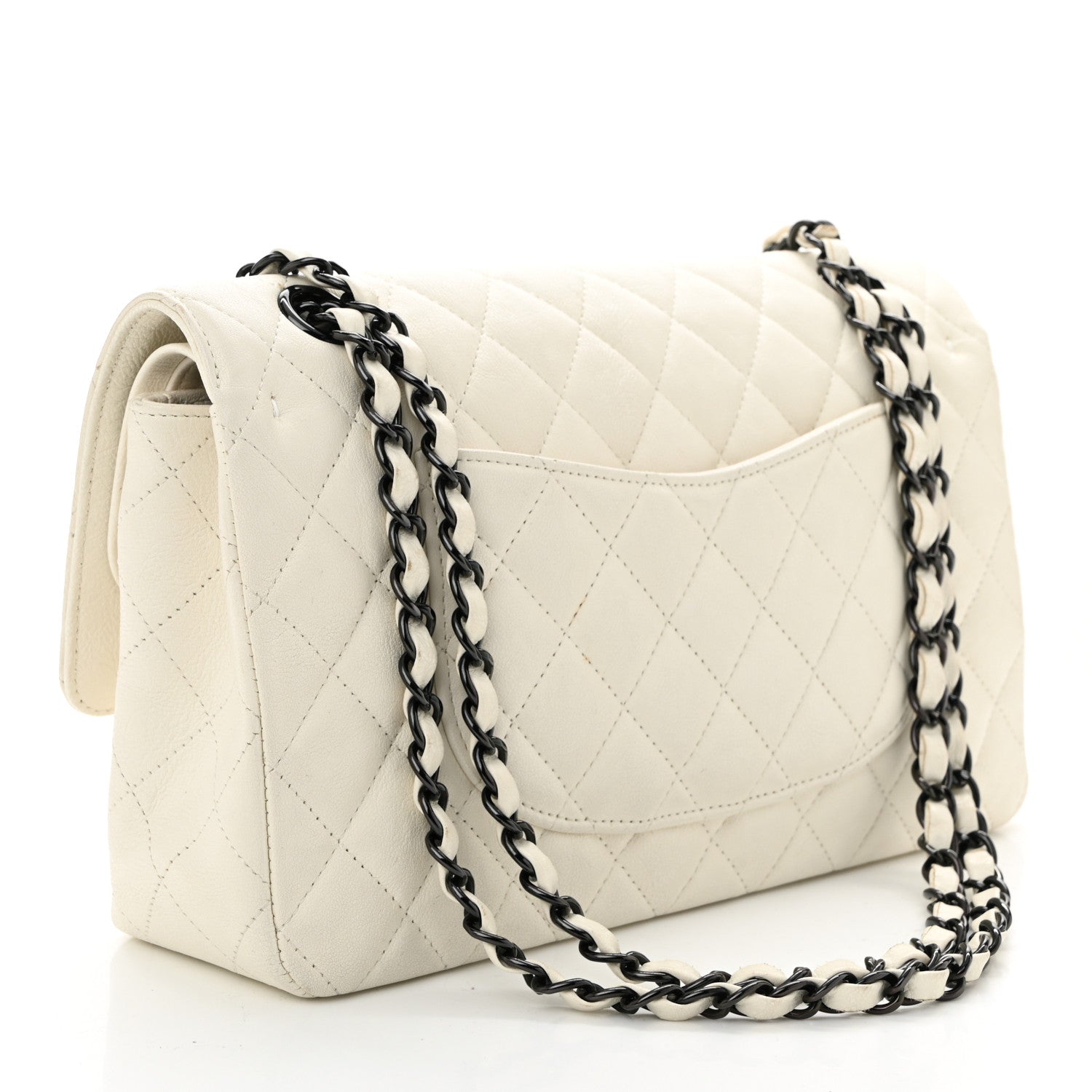 Crumpled Calfskin Quilted Medium Double Flap White