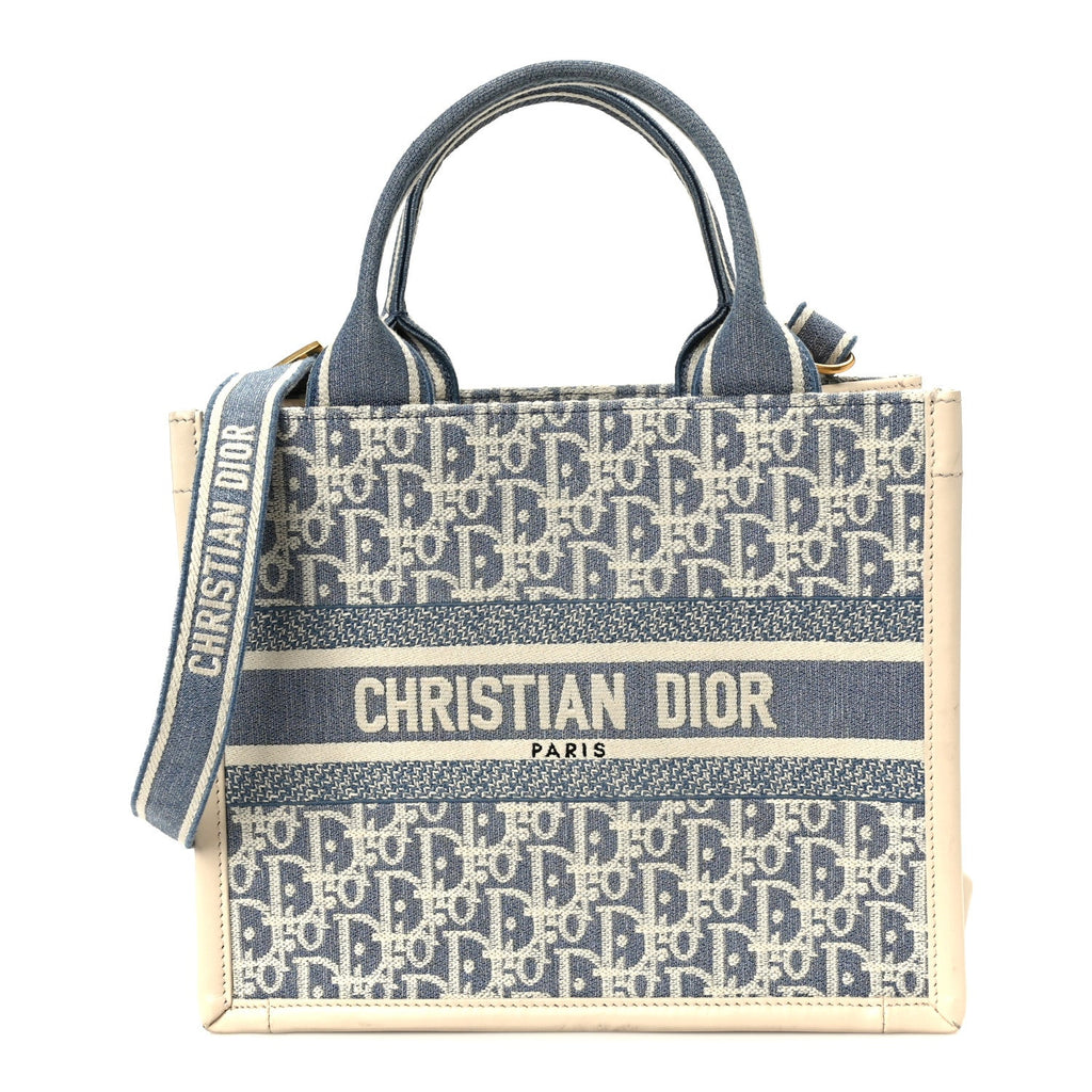 Oblique Chambray Calfskin Small Book Tote With Strap Blue Latte