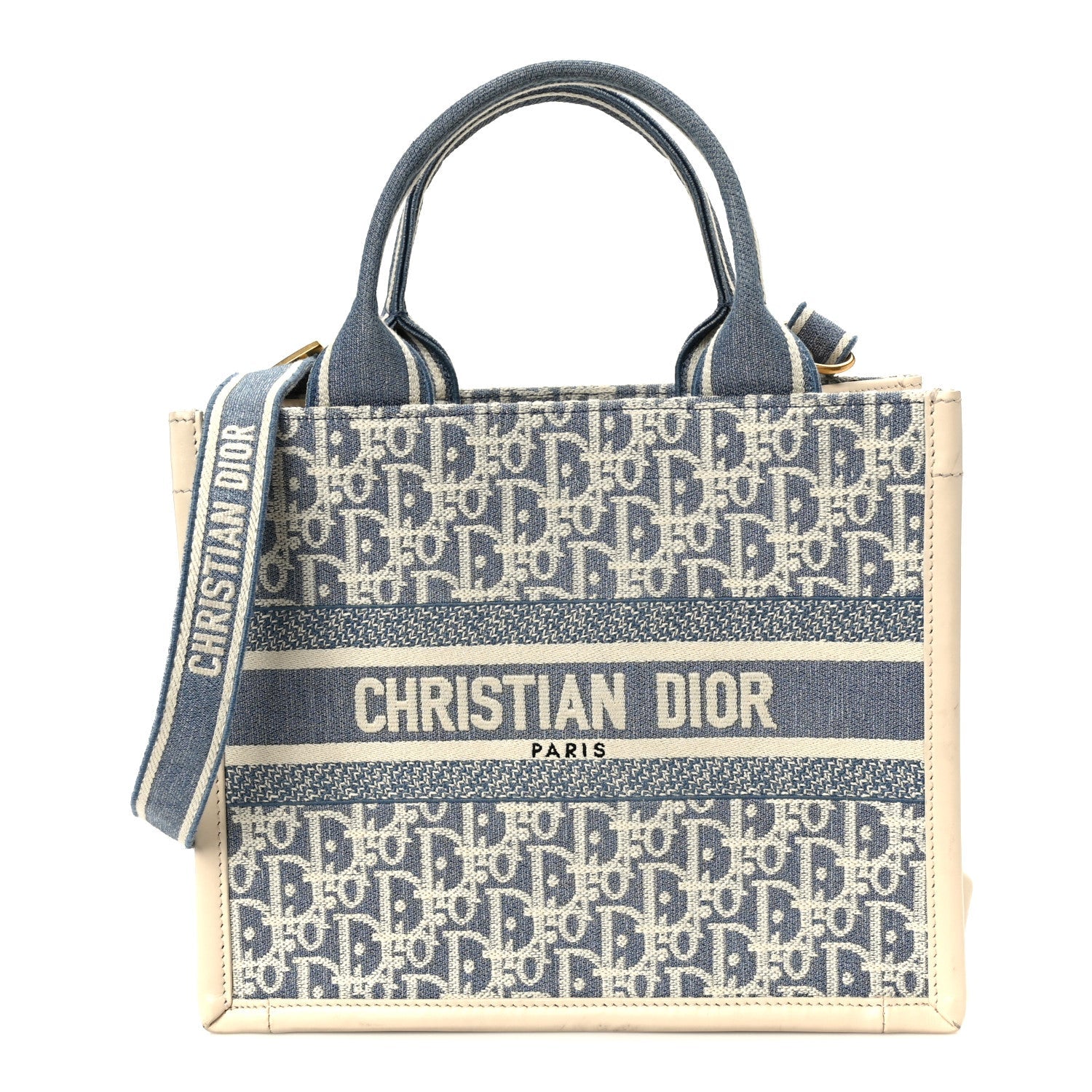 Oblique Chambray Calfskin Small Book Tote With Strap Blue Latte