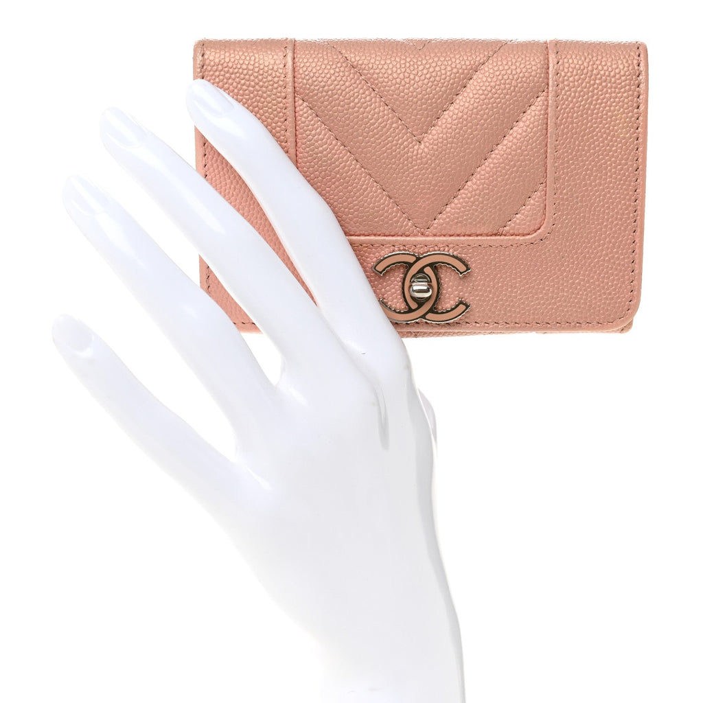 Metallic Caviar Chevron Quilted Vintage Mademoiselle Flap  Holder Pink