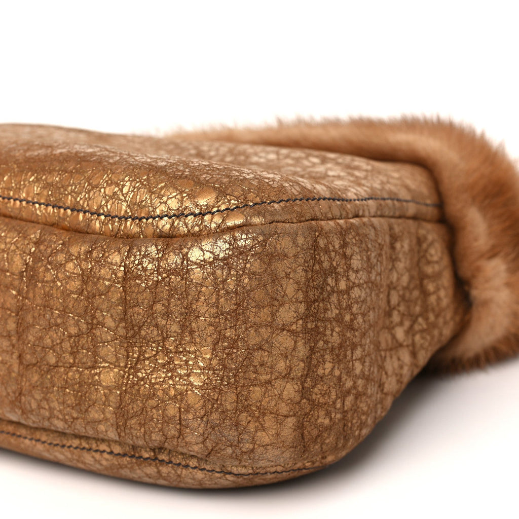 Metallic Suede Mink Shearling Crocodile Embossed Tote Gold