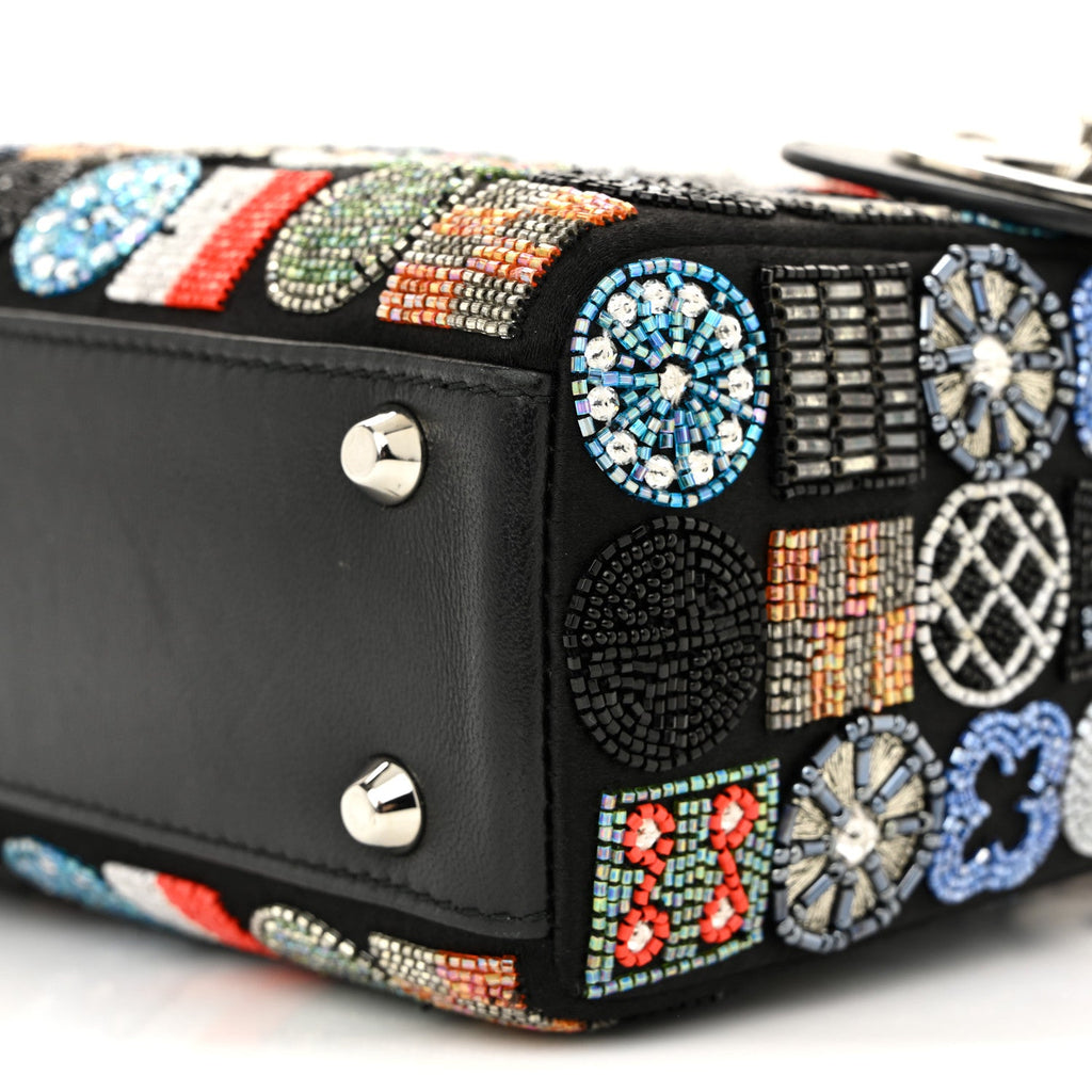 Satin Lambskin Embroidered Beaded Mini Lady Dior Black Multicolor
