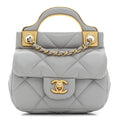 Calfskin Quilted Lady Handle Flap  Holder With Chain Grey