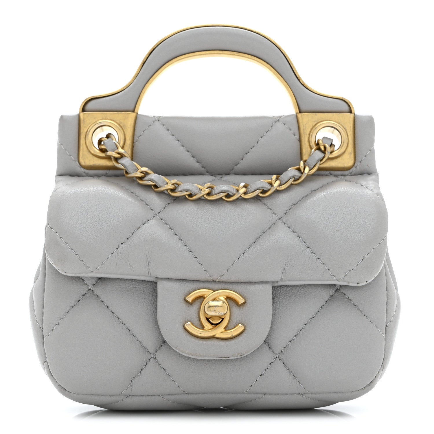 Calfskin Quilted Lady Handle Flap  Holder With Chain Grey