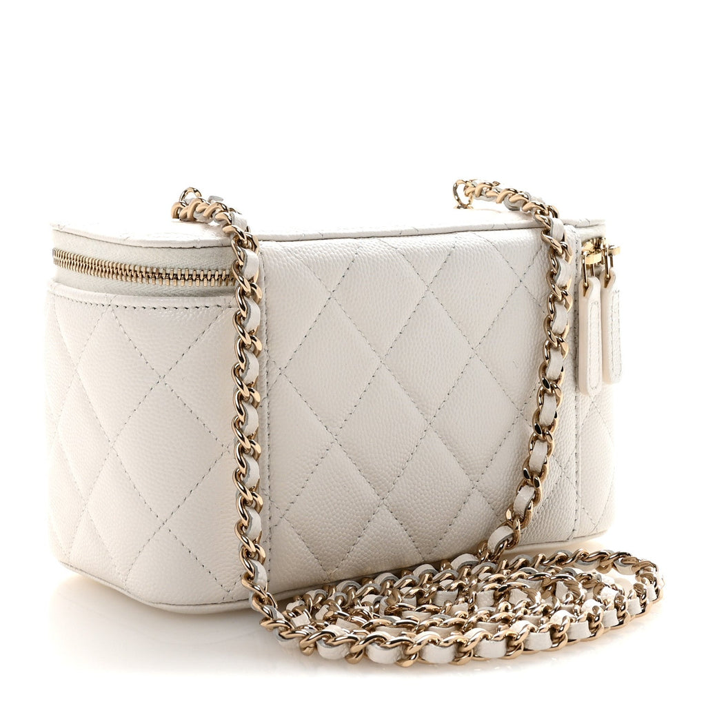 Caviar Quilted Crystal Hearts Small Vanity Case With Chain White