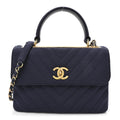 Jersey Chevron Quilted Small Trendy CC Dual Handle Flap Bag Navy Blue