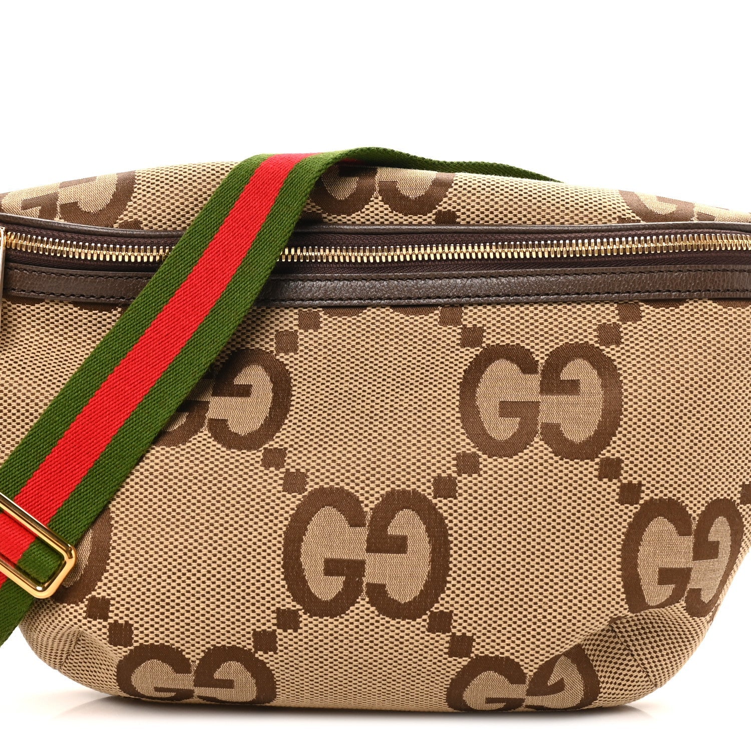 Monogram Jumbo GG Textured Dollar Calfskin Web Belt Bag Camel Ebony New Acero