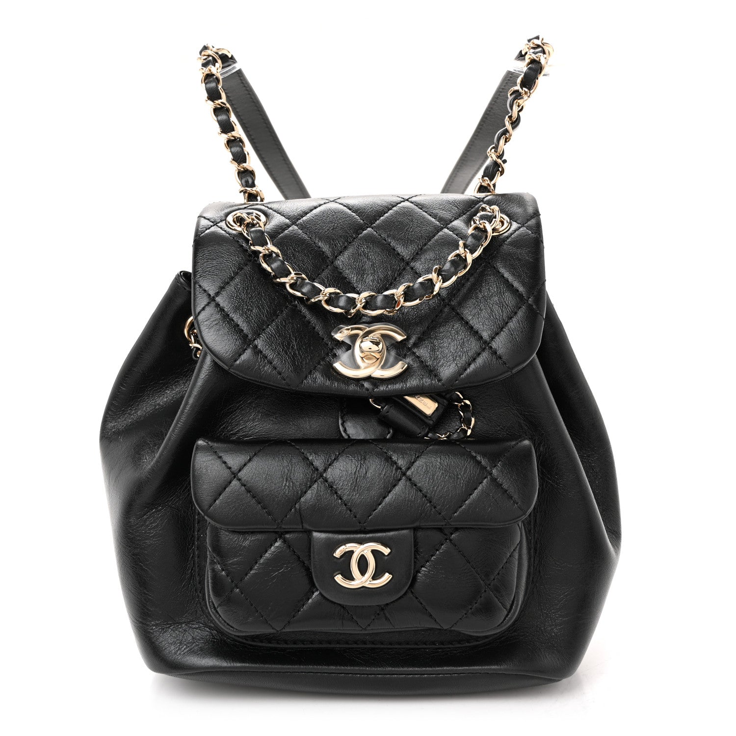 Glazed Aged Calfskin Quilted Small Duma Drawstring Backpack Black