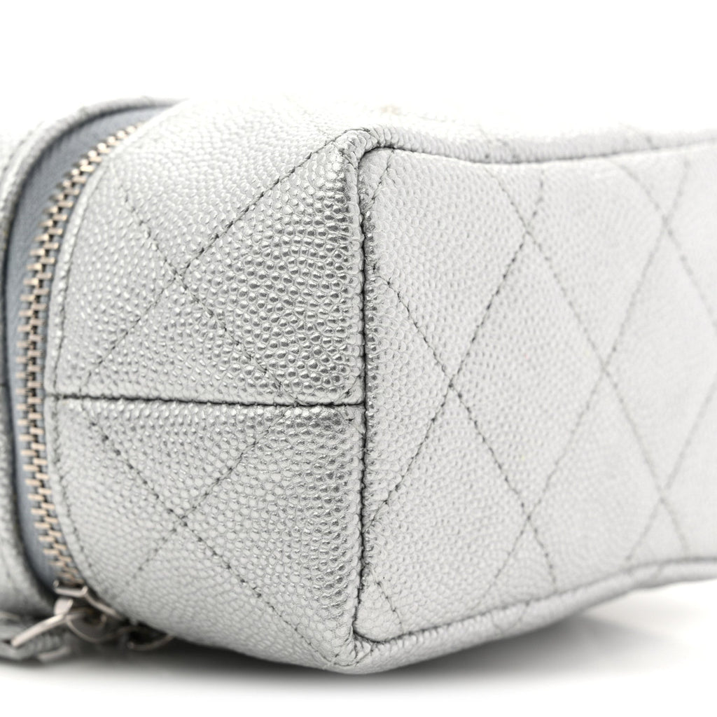 Metallic Caviar Quilted Mini Top Handle Vanity With Chain Silver