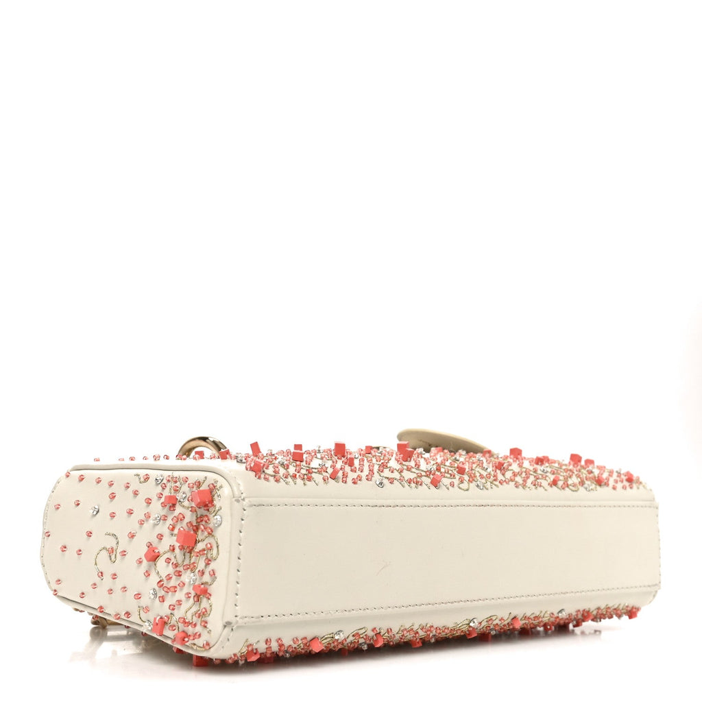 Calfskin Embroidered Small Lady D-Joy White Multicolor