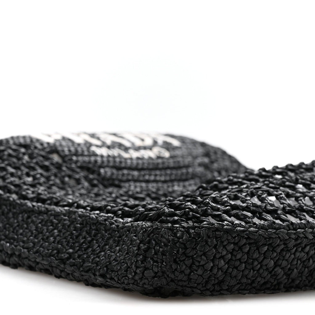 Yarn Raffia Effect Crochet Logo Embroidered Tote Bag Black