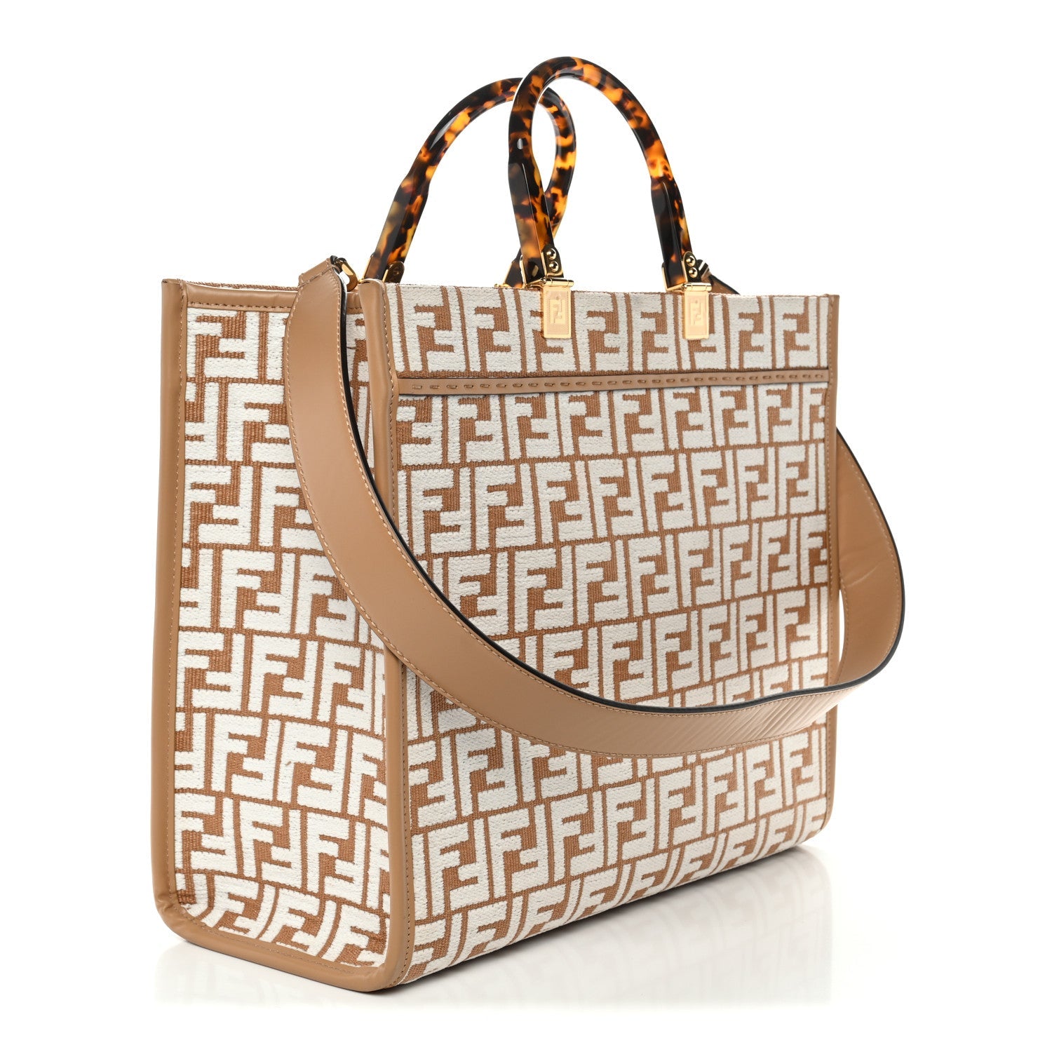 Woven Fabric Calfskin FF Medium Fendi Sunshine Shopper Tote Natural White Dark Honey