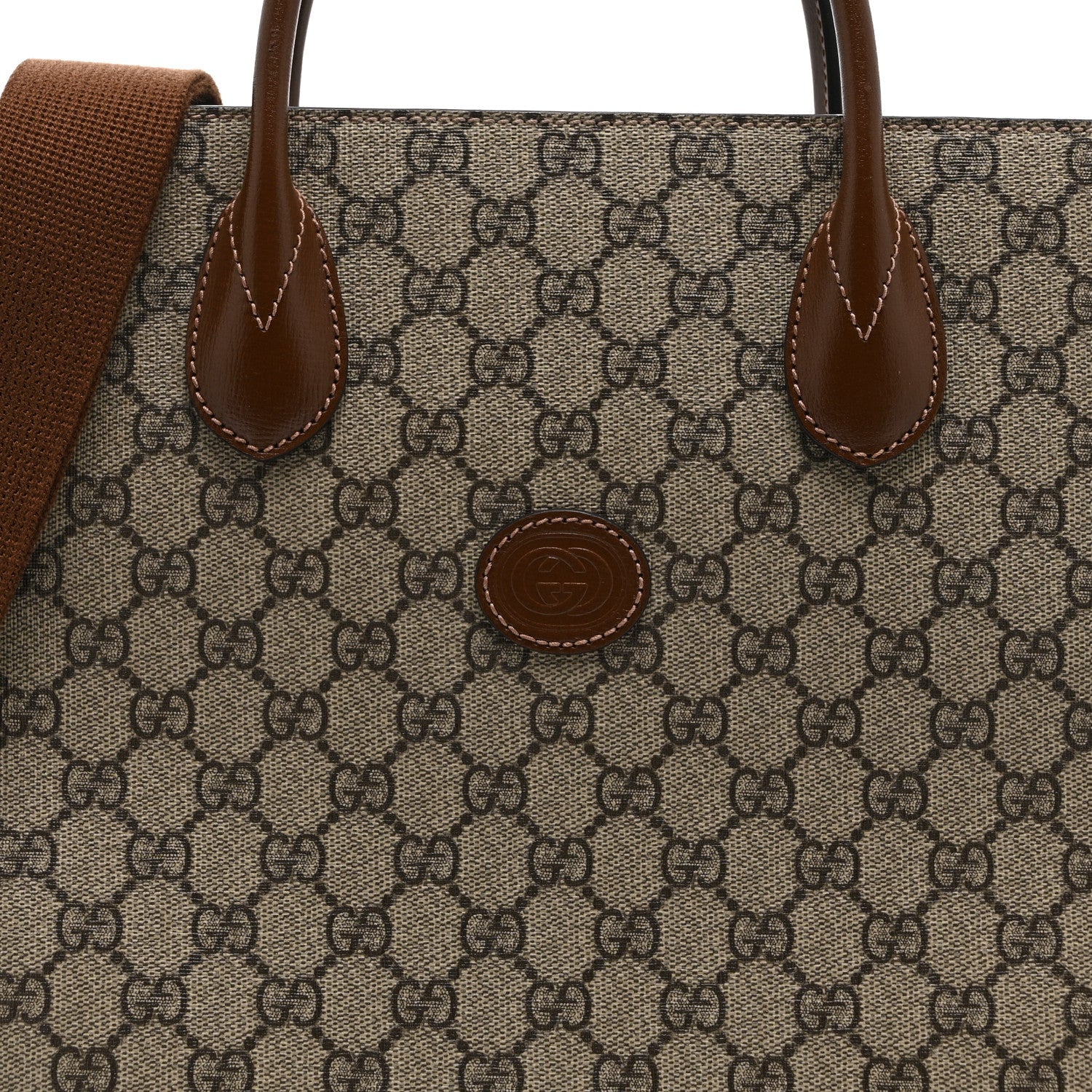 GG Supreme Monogram Textured Dollar Calfskin Web Small Retro Interlocking G Vertical Tote Bag Beige Ebony Brown Sugar