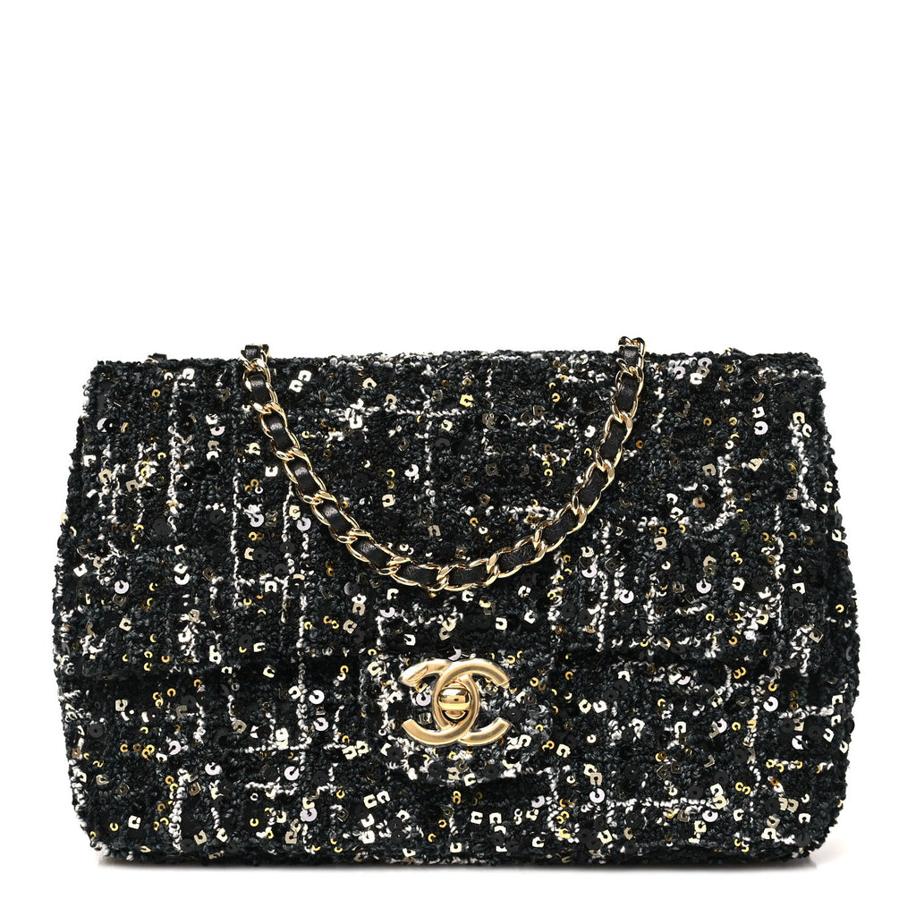 Tweed Sequin Small Single Flap Black Silvery Golden