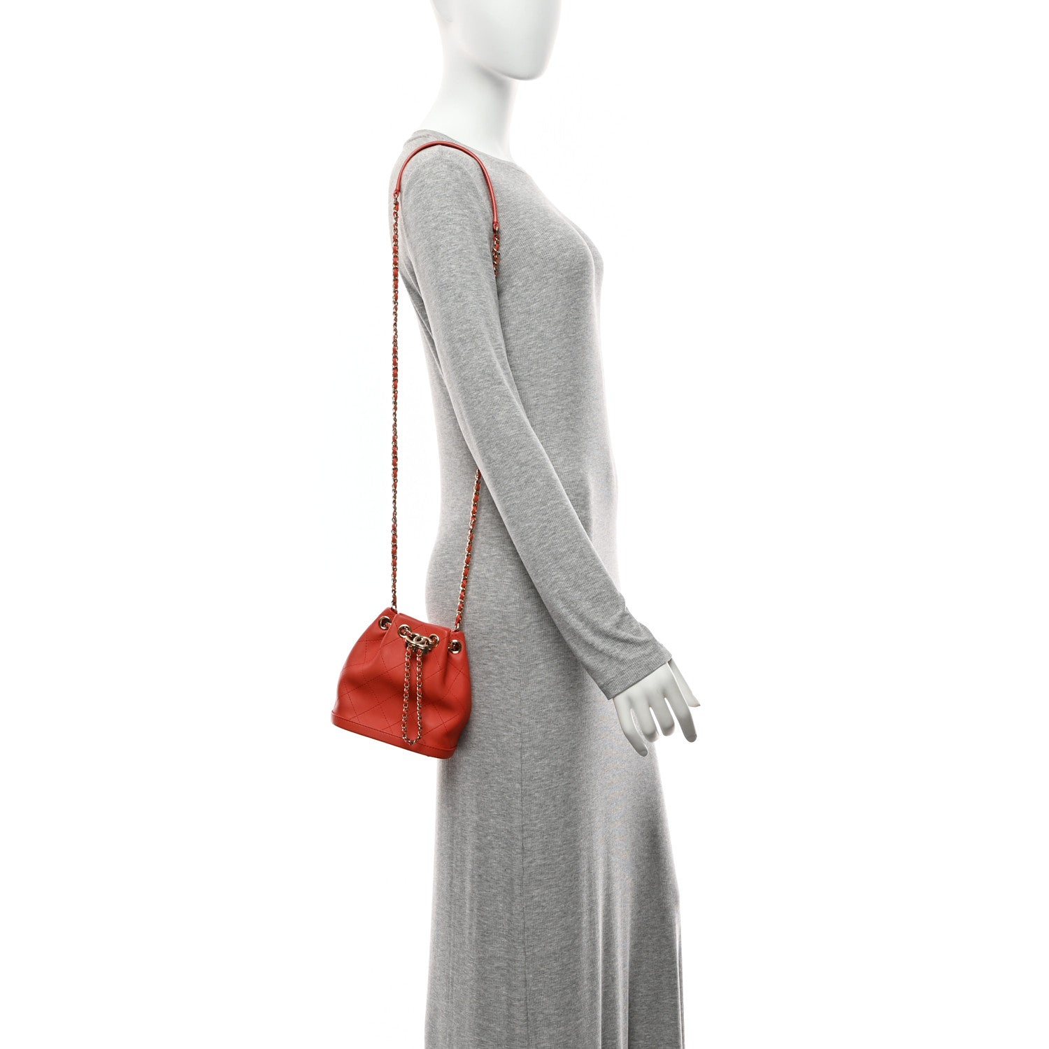 Calfskin Stitched Chain Bucket Bag Coral